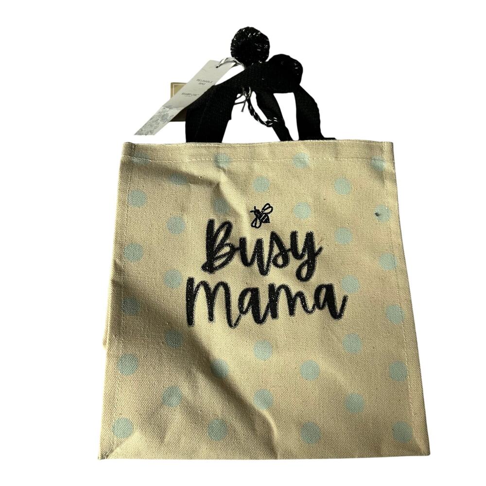 Shabby Chic NWT 'Busy Mama' Small Tan Canvas Tote Bag Glitter Reusable Pom Poms